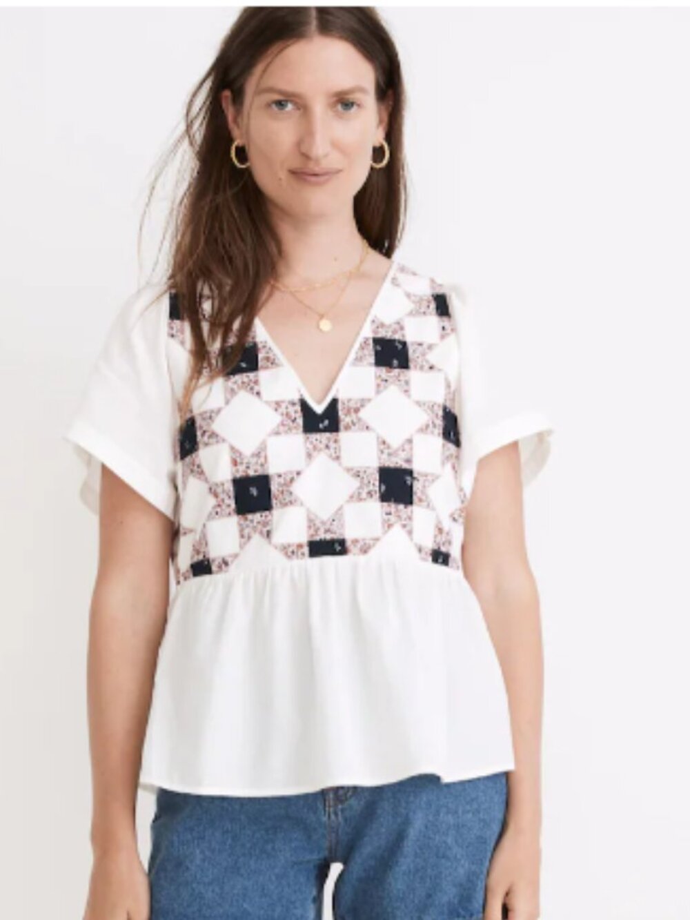 NWT Madewell Flutter-Sleeve Peplum Top in Patchwork Quilt Boho Size Large